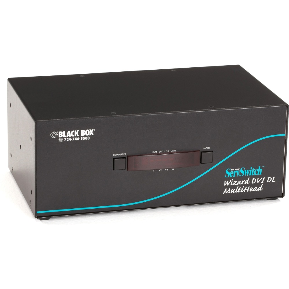 Black Box ServSwitch Wizard Dual-Link DVI Quad-Head with USB True Emulation - 4 Computer(s) - 1 Local User(s) - 2560 x 1600 - 1 x Network (RJ-45) - 8 x USB - 20 x DVI - Desktop - 2.5U - TAA Compliant MPN:KV2404A
