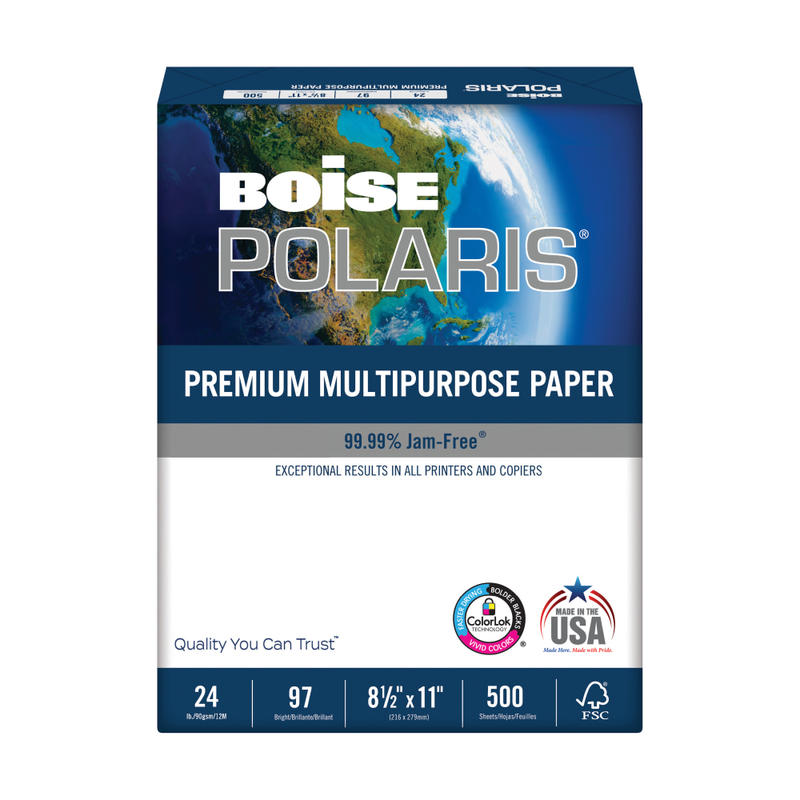 Boise POLARIS Premium Multi-Use Printer & Copy Paper, 1 Ream, White, Letter (8.5in x 11in), 500 Sheets Per Ream, 24 Lb, 97 Brightness, FSC Certified (Min Order Qty 8) MPN:POL-2411R