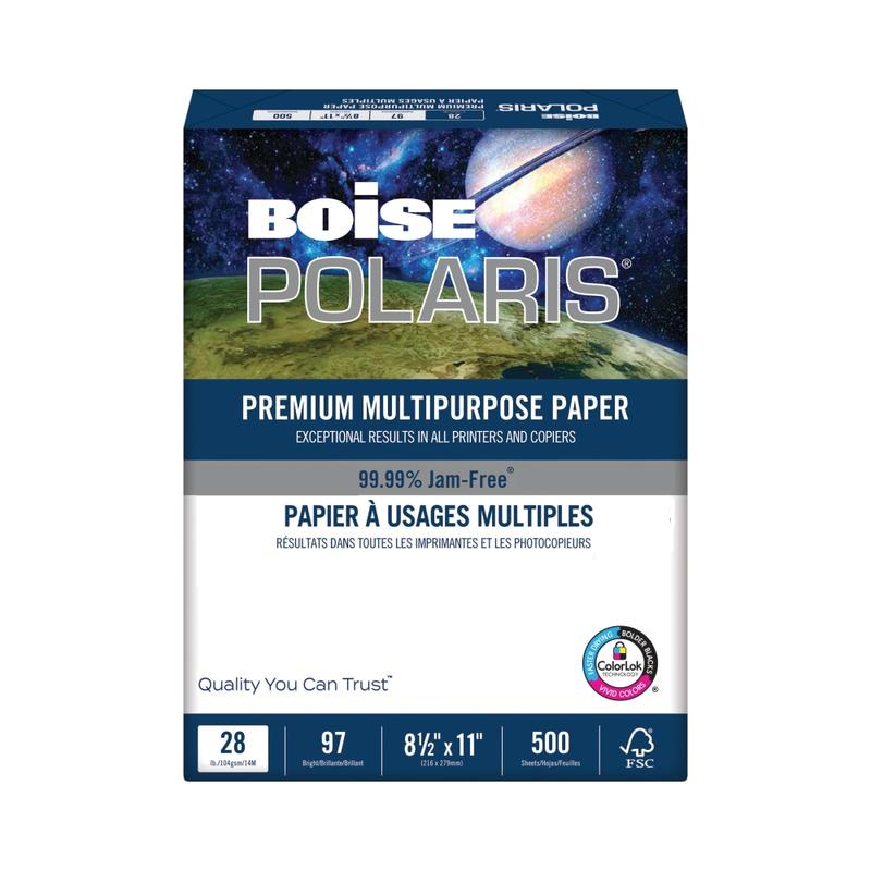 Boise POLARIS Premium Multi-Use Printer & Copy Paper, 1 Ream, White, Letter (8.5in x 11in), 500 Sheets Per Ream, 28 Lb, 92 Brightness, FSC Certified (Min Order Qty 3) MPN:POL-2811