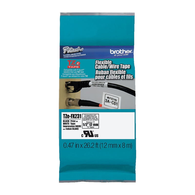 Brother P-touch TZe-FX231 Laminated Flexible ID Label Maker Tape, 1/2in x 26-2/10ft, Black on White (Min Order Qty 5) MPN:TZE-FX231