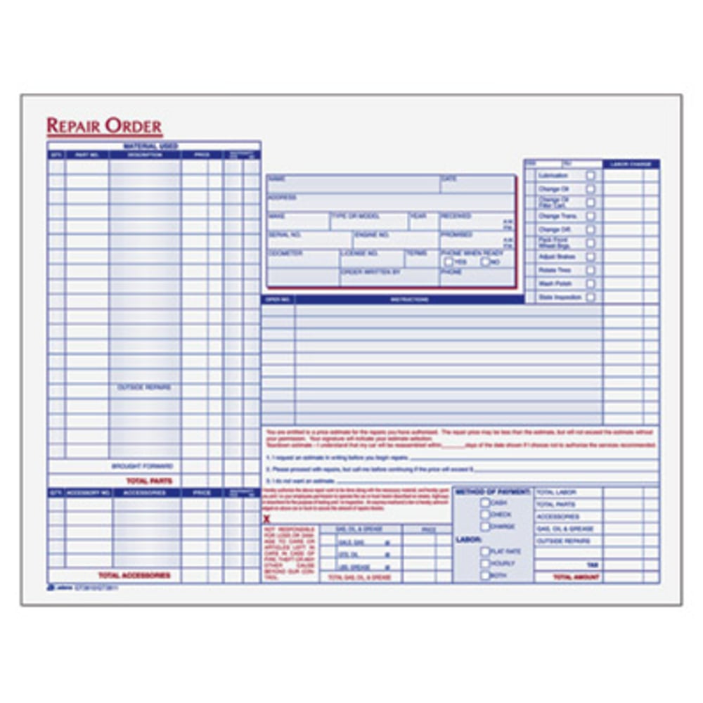 Adams Garage Repair Order Forms, 3-Part, 8 1/2in x 11 1/2in, 250 Sets Per Book (Min Order Qty 2) MPN:GT3811