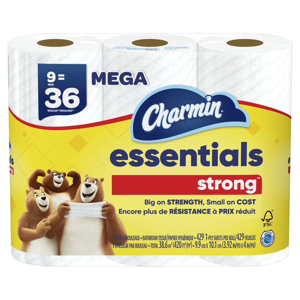 Charmin Essentials Strong Mega 2-Ply Toilet Paper Rolls, 4in x 4-1/2in, White, 429 Sheets Per Roll, Pack Of 9 Rolls (Min Order Qty 6) MPN:04516