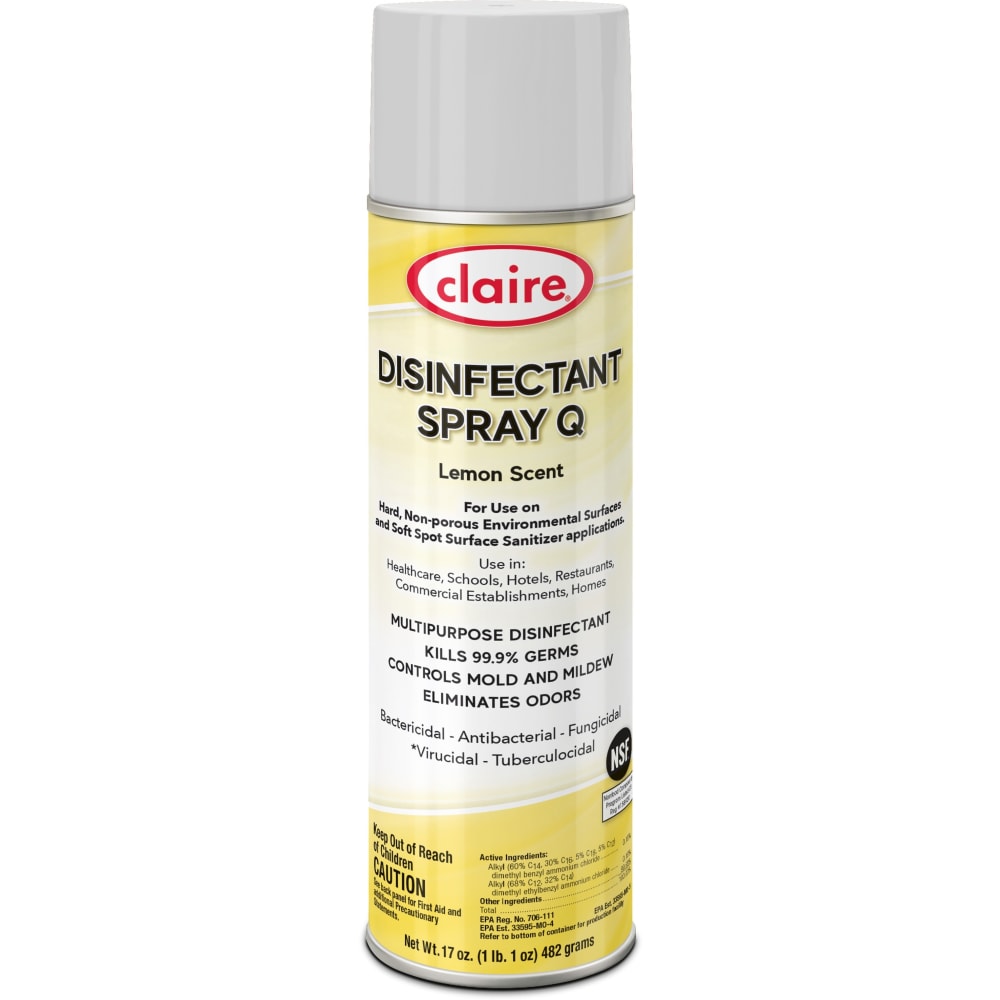 Claire Multipurpose Disinfectant Spray - Ready-To-Use - 17 fl oz (0.5 quart) - Lemon Scent - 12 / Carton - Antibacterial - Yellow MPN:C1002