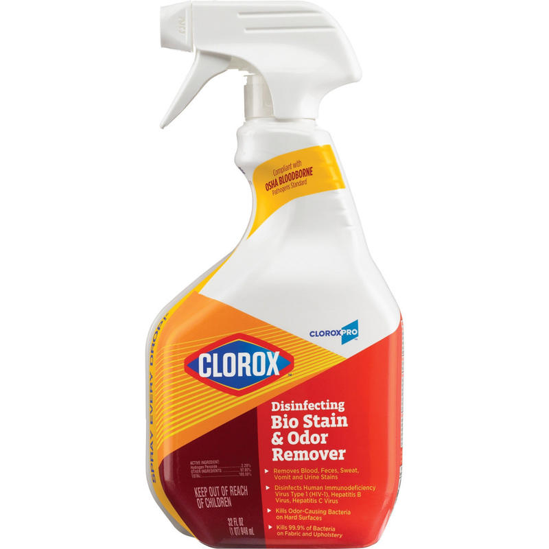 CloroxPro Disinfecting Bio Stain & Odor Remover Spray - Ready-To-Use - 32 fl oz (1 quart) - 216 / Bundle - Bleach-free, Deodorize, Antibacterial, Disinfectant - Translucent MPN:31903BD