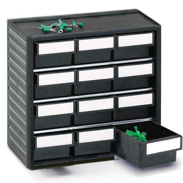 Small Parts Cabinets, Color: Black , Frame Material: Polypropylene , Special Item Information: Includes Labels , Number Of Drawers: 12.0 , Number Of Bins: 12  MPN:294-4ESD