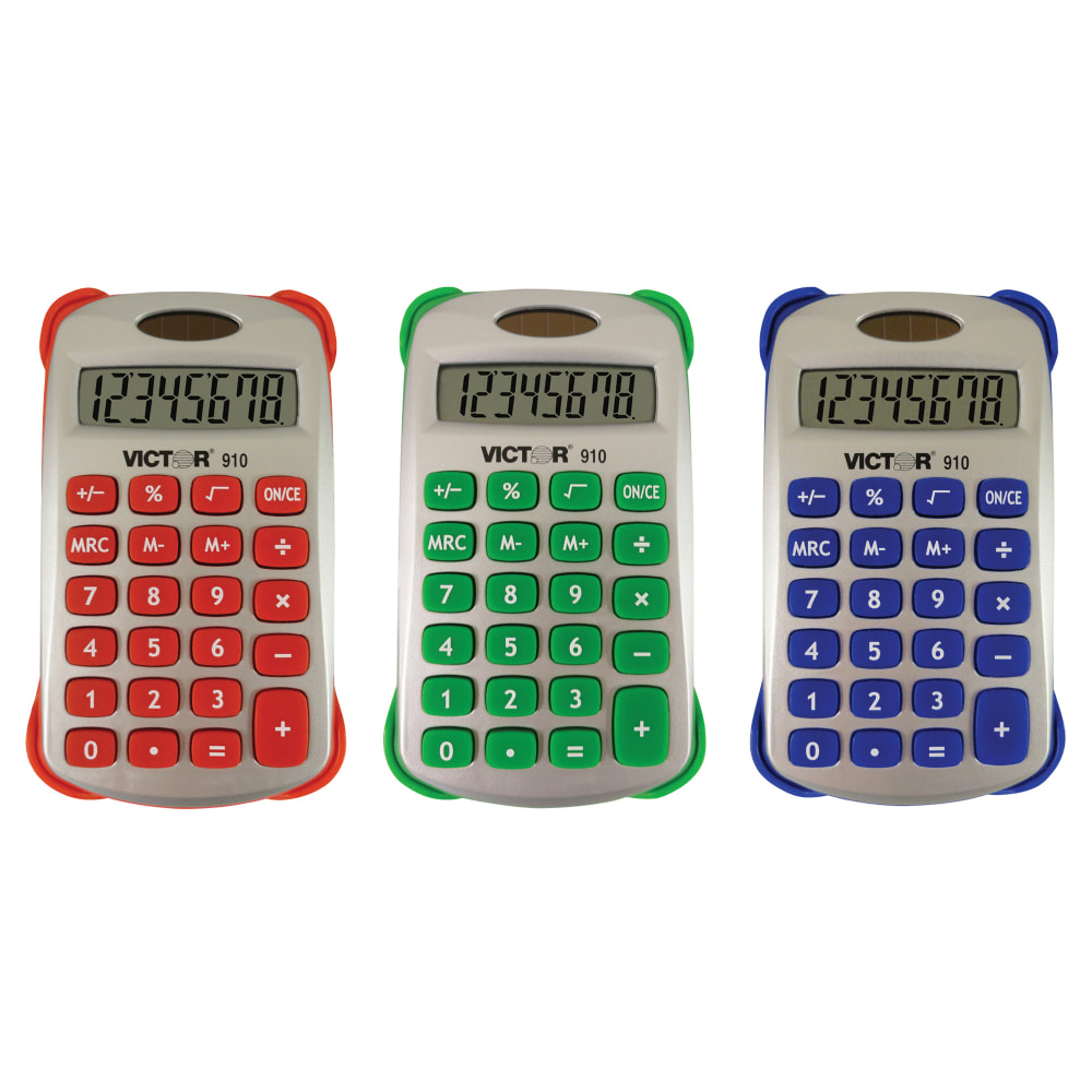Victor Colorful 8-Digit Handheld Calculators, 4.5inH x 2.6inW x 0.5inD, Assorted Colors, Pack Of 3 Calculators (Min Order Qty 3) MPN:VCT910-3