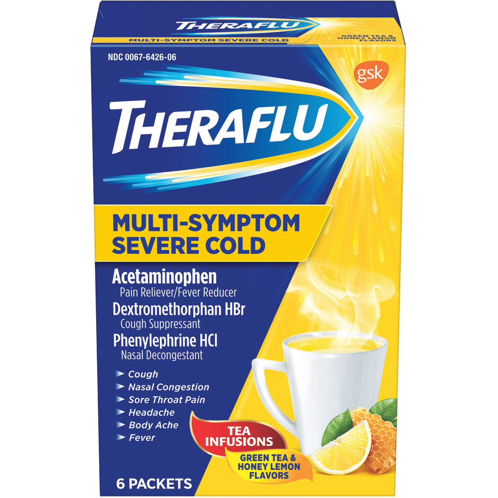 Theraflu Multi-Symptom Severe Cold & Cough Medicine For Cold And Flu, Honey Lemon, Box Of 6 Packets (Min Order Qty 8) MPN:GKC91706