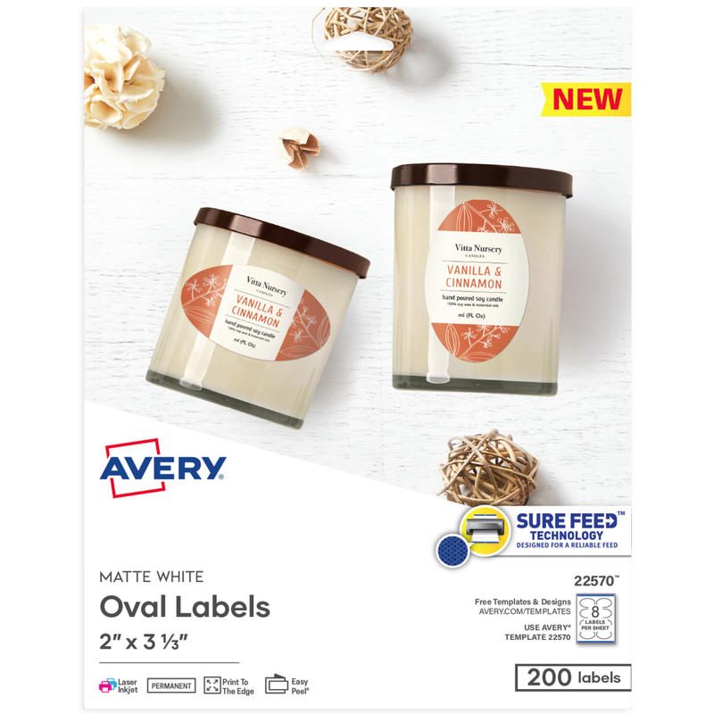 Avery Printable Blank ID Labels, 22570, Oval, 2in x 3-1/3in, White, Pack Of 200 Labels (Min Order Qty 4) MPN:22570