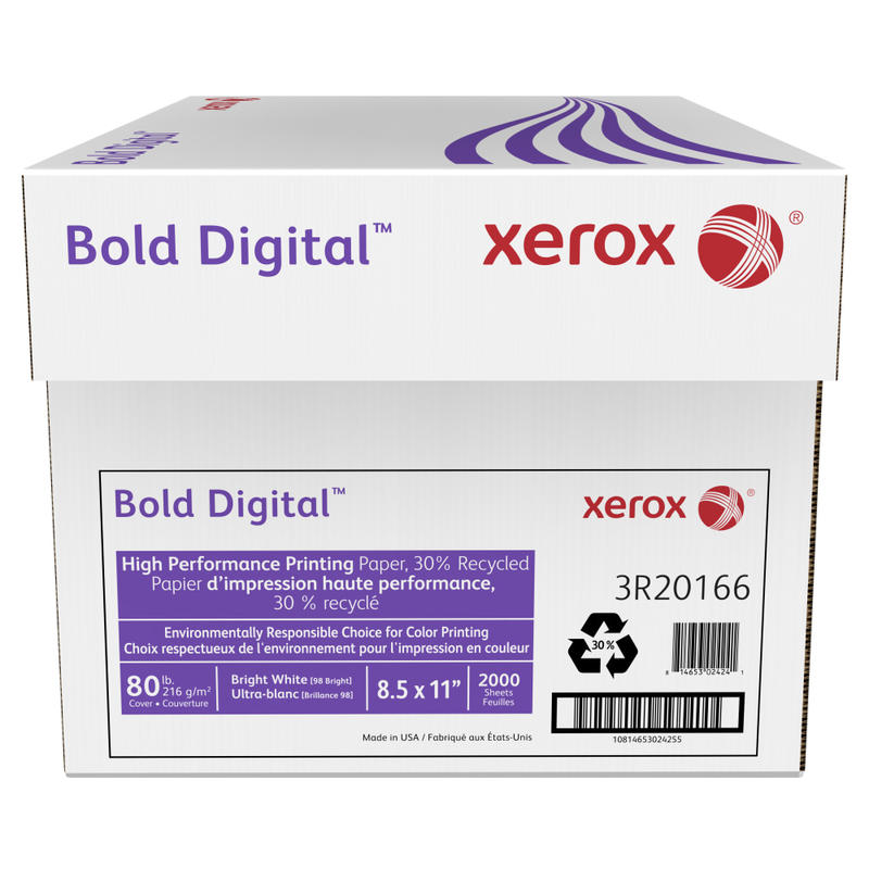 Xerox Bold Digital Printing Paper, 8 Reams, Letter Size (8 1/2in x 11in), 2000 Sheets Total, 98 (U.S.) Brightness, 80 Lb Cover (216 gsm), 30% Recycled, FSCCertified, 250 Sheets Per Ream MPN:3R20166