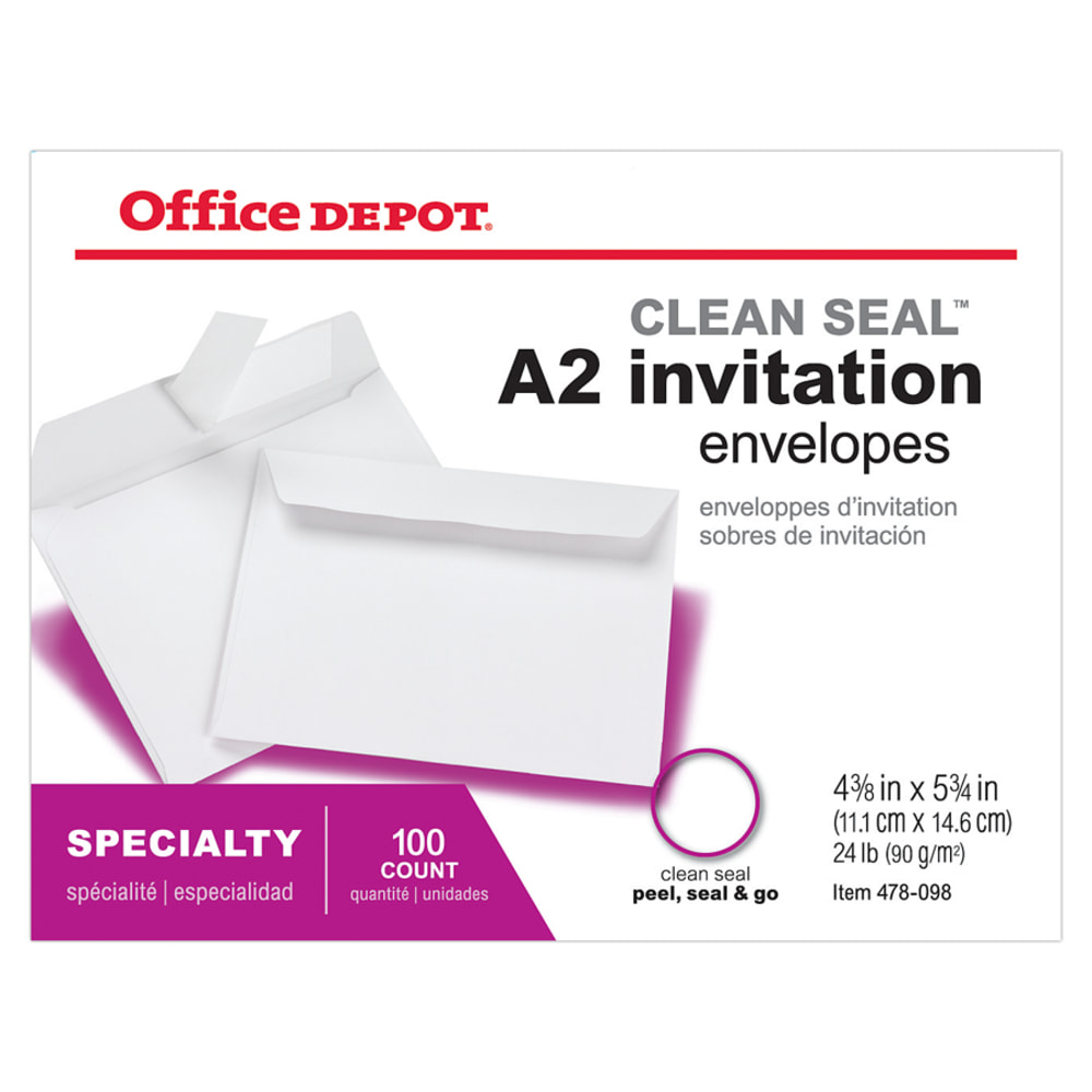 Office Depot Brand Invitation Envelopes, A2, 4-3/8in x 5-3/4in, Clean Seal, White, Box Of 100 (Min Order Qty 8) MPN:478098