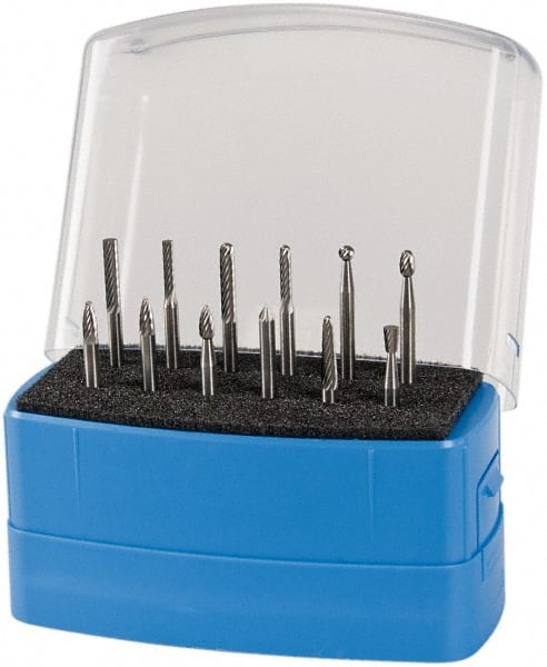 12 Pc Single Cut Burr Set with Cylinder, Cylinder w/Rad End, Ball, Cone, Cone w/Rad End, Flame, Inverted Cone, Oval, Pointed Tree, Tree w/Rad End MPN:SETM100PSC