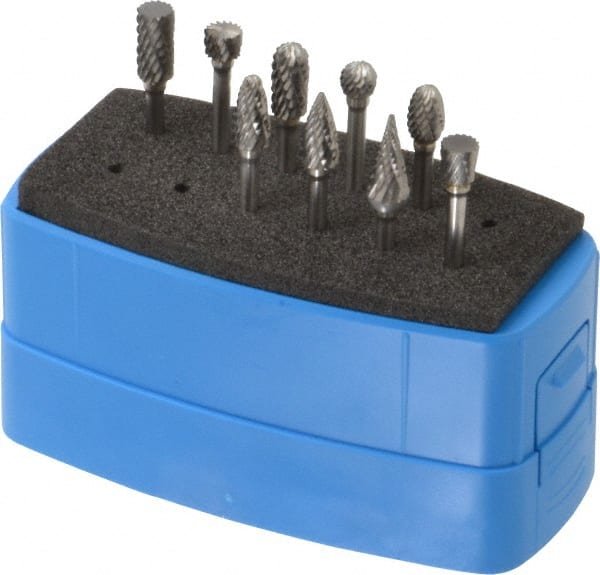 9 Pc Double Cut Burr Set with Cylinder, Ball, Cylinder w/Rad End, Inverted Cone, Oval, Pointed Cone, Pointed Tree, Tree w/Rad End MPN:SETM110PDC