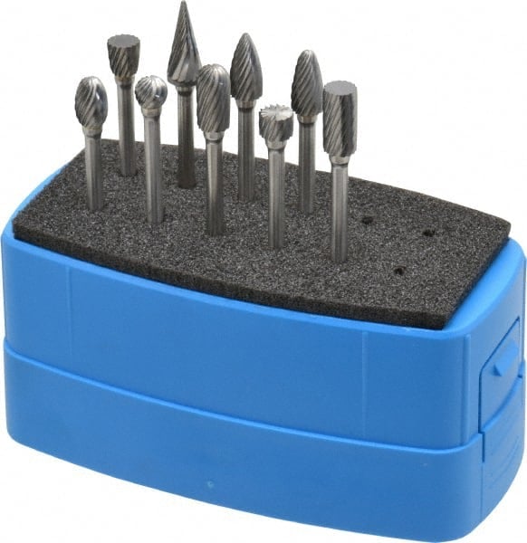 9 Pc Single Cut Burr Set with Cylinder, Ball, Cylinder w/Rad End, Inverted Cone, Oval, Pointed Cone, Pointed Tree, Tree w/Rad End MPN:SETM110PSC