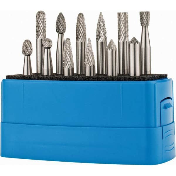 12 Pc Double Cut Burr Set with Cylinder, Cylinder w/Rad End, Ball, Cone, Flame, Inverted Cone, Oval, Pointed Cone, Pointed Tree, Tree w/Rad End MPN:SETM120PDC
