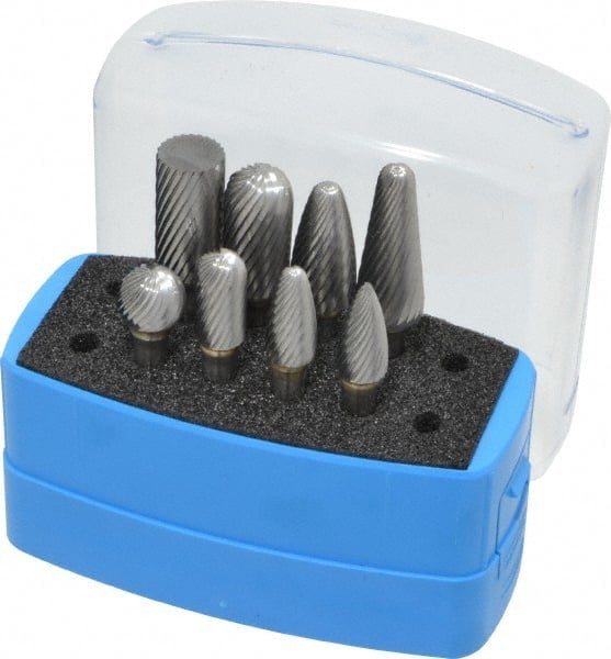 8 Pc Single Cut Burr Set with Cylinder w/Rad End, Tree w/Rad End, Ball, Cone w/Rad End, Cylinder, Pointed Tree MPN:SETM150PSC