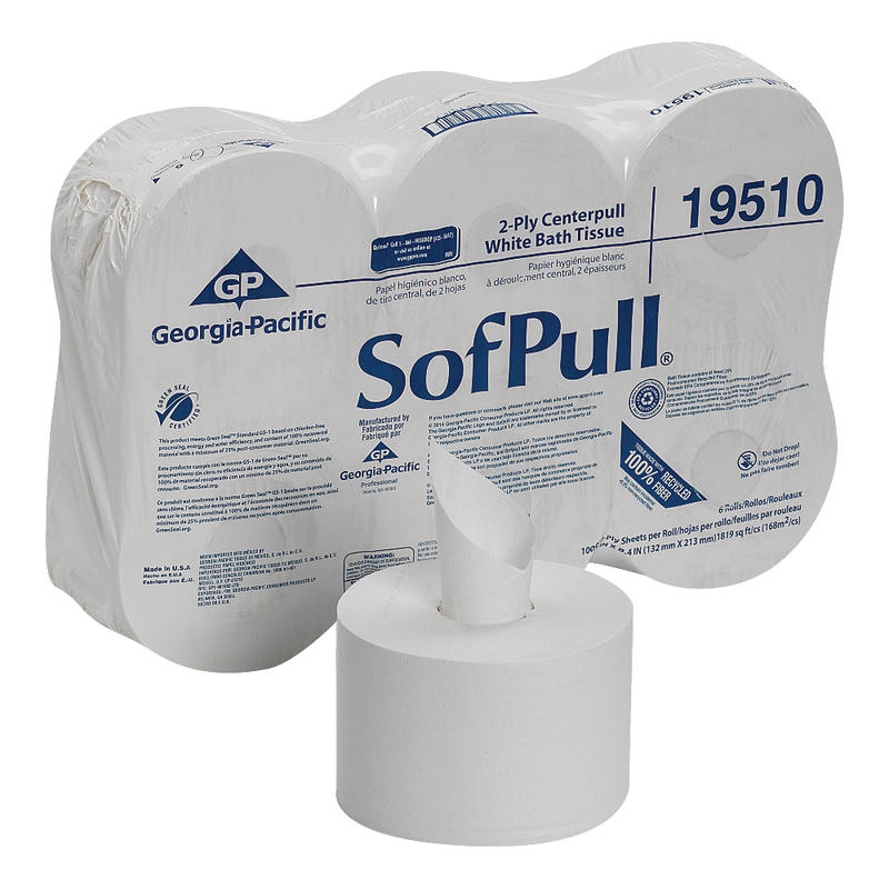 Sofpull by GP PRO, 2 Ply, Center Pull Tissue Paper, 8.4x5.25, 100% Recycled, White, 1000 Sheets, 6 Rolls per Case MPN:19510