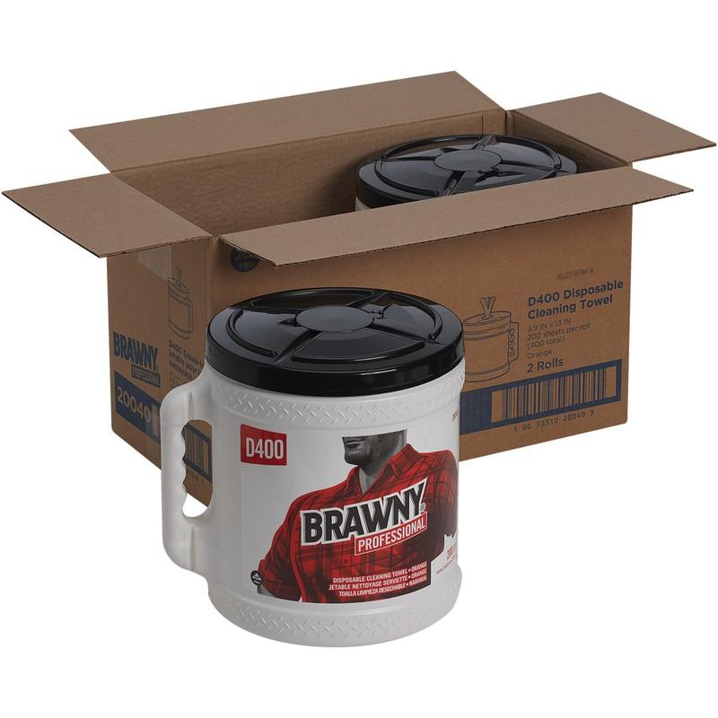 Brawny Professional D400 Disposable Cleaning Towels With Bucket - 9.90in x 13in - 200 Sheets/Roll - Orange - 2 / Carton MPN:20040