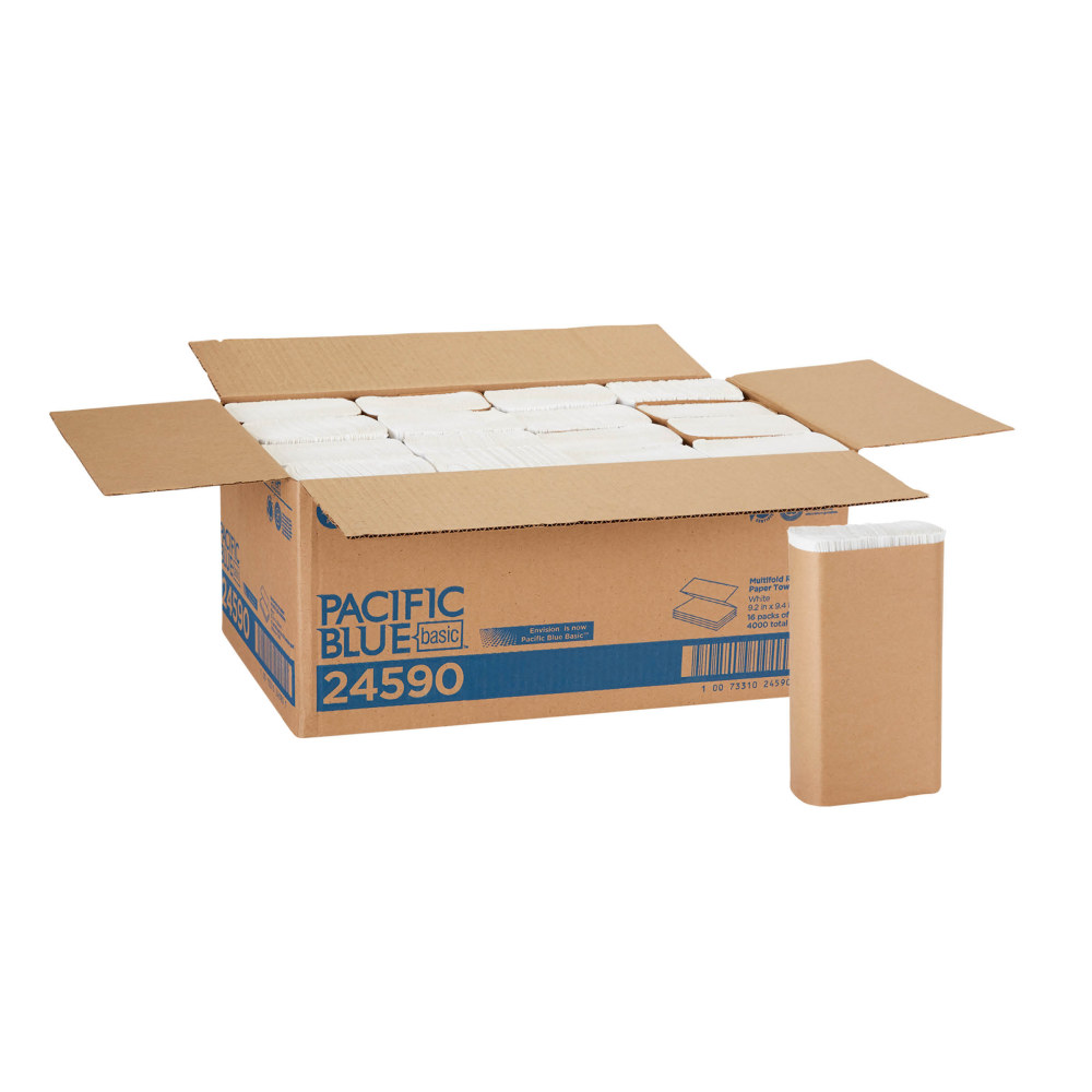 Pacific Blue Basic by GP PRO, 1-Ply, Multifold Paper Towels, 9.2in X 9.4in, 100% Recycled, White, 250 Sheets per Pack, 16 Packs Per Case MPN:24590