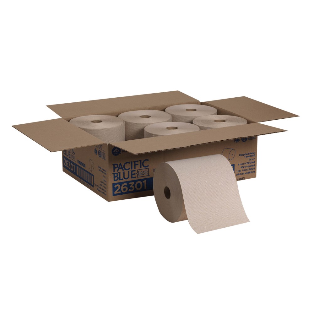 Pacific Blue Basic by GP PRO, 1-Ply, 7.87in x 800ft, 100% Recycled, Brown, 6 Rolls per Case (Min Order Qty 2) MPN:26301