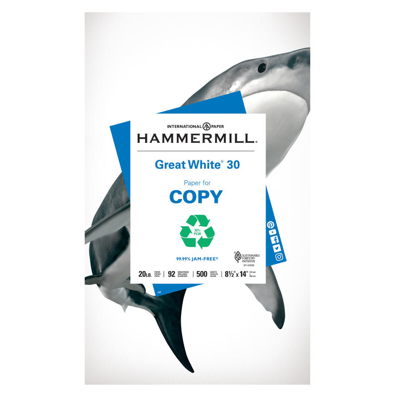 Hammermill Great White Copy Paper, 1 Ream, White, Legal (8.5in x 14in), 500 Sheets Per Ream, 20 Lb, 92 Brightness, 30% Recycled (Min Order Qty 5) MPN:679985