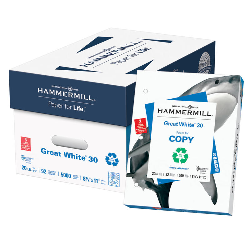 Hammermill Great White 3-Hole Punched Copy Paper, 10 Reams, White, Letter (8.5in x 11in), 5000 Sheets Per Case, 20 Lb, 92 Brightness, 30% Recycled MPN:777432