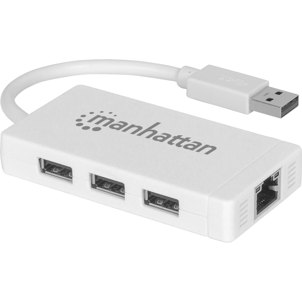 Manhattan USB-A 3-Port Hub with Gigabit Ethernet Adapter, 3x USB-A Ports, 5 Gbps (USB 3.2 Gen1 aka USB 3.0), 1x Ethernet 10/100/1000Mbps network, RJ45, SuperSpeed USB, White, Three Year Warranty, Blister - Hub (Min Order Qty 2) MPN:507578