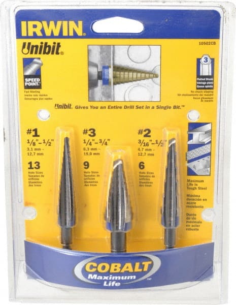 Drill Bit Set: Step Drill Bits, 3 Pc, 0.125