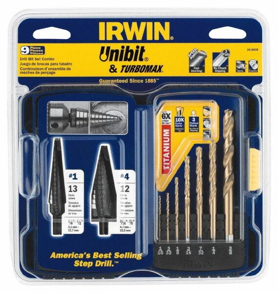 Drill Bit Set: Step Drill Bits, 9 Pc, 0.0625