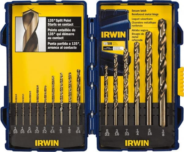 Drill Bit Set: Jobber Length Drill Bits, 15 Pc, 0.0625