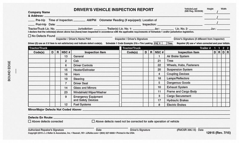 Canadian Driver Vehicle Inspection Form MPN:12915