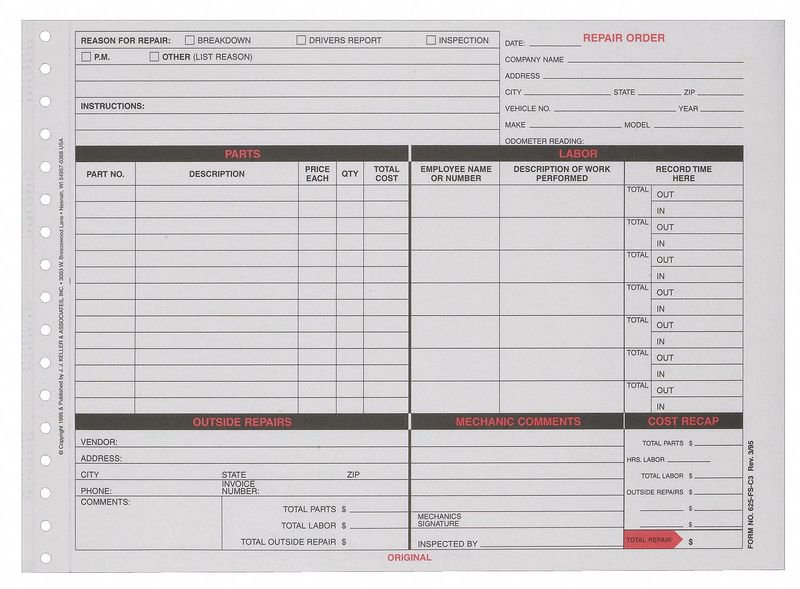 Garage Repair Order Form PK10 MPN:3666