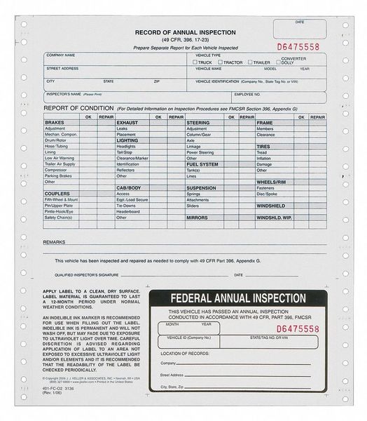 Vehicle Inspection Form Carbonless PK10 MPN:4024613