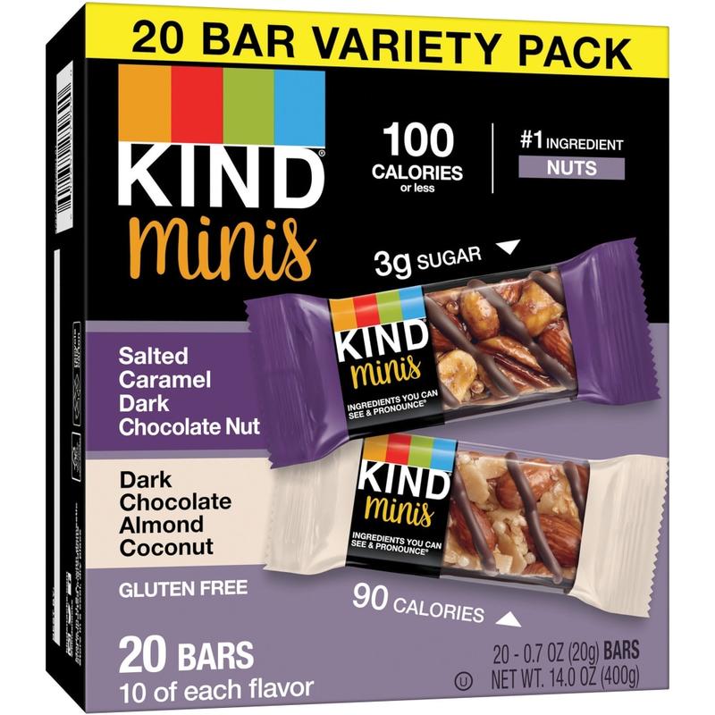 KIND Minis Dark Chocolate Nut Bars Variety - Trans Fat Free, Gluten-free, Low Glycemic, Low Sodium - Salted Caramel Dark Chocolate Nut, Dark Chocolate Almond Coconut - 0.70 oz - 20 / Pack (Min Order Qty 3) MPN:27970