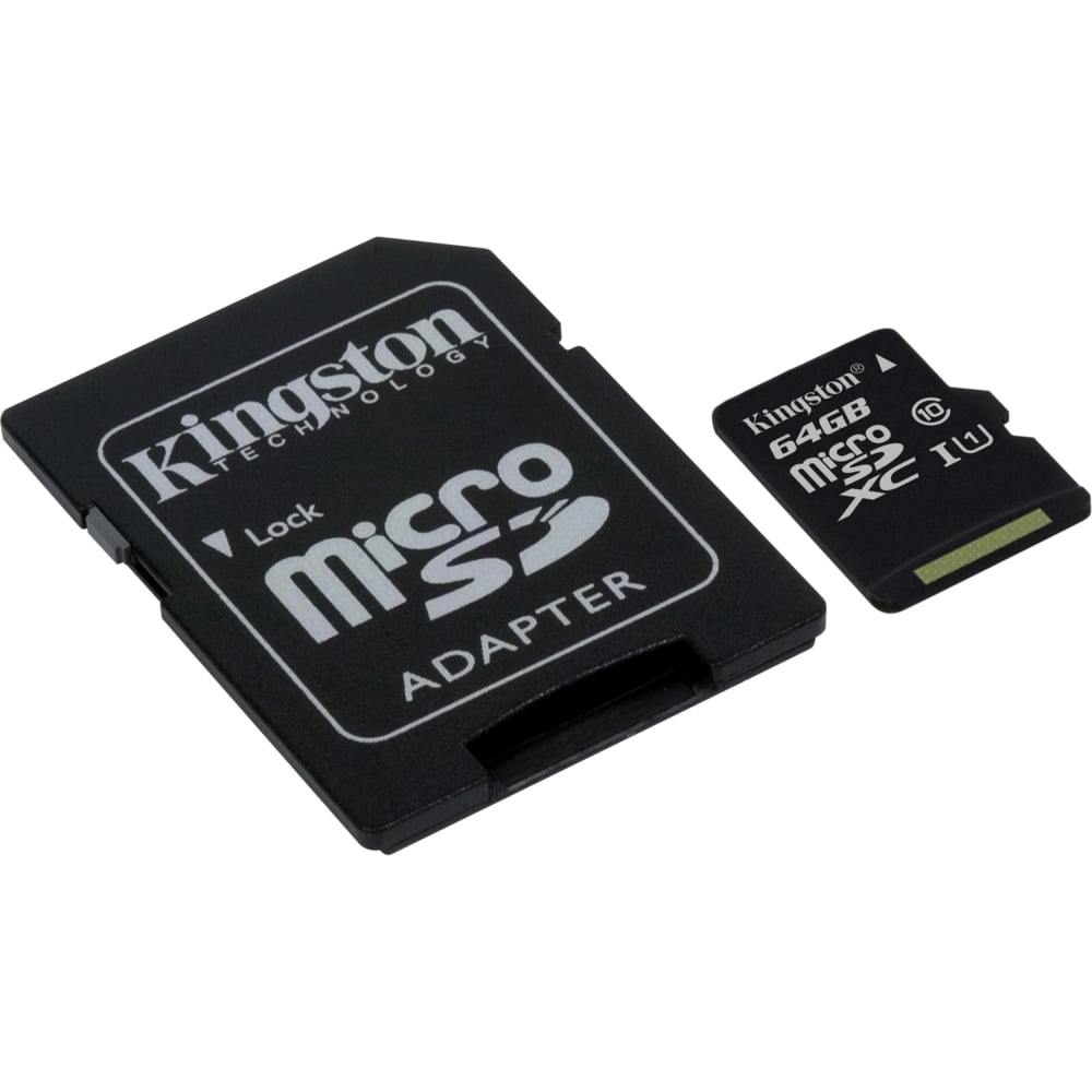 Kingston - Flash memory card (microSDXC to SD adapter included) - 64 GB - UHS Class 1 / Class10 - microSDXC UHS-I (Min Order Qty 3) MPN:SDC10G2/64GB