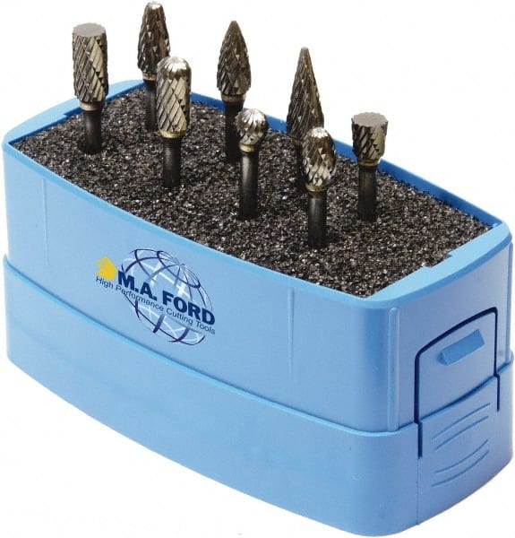 8 Pc Double Cut Burr Set with Ball, Cylinder, Cylinder Ball End, Egg, Inverted Taper, Pointed Cone, Pointed Tree, Round Tree MPN:71040027M