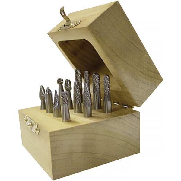 12 Pc Double Cut Burr Set with Cylinder, Cylinder w/Rad End, Ball, Cone, Flame, Inverted Cone, Oval, Pointed Cone, Pointed Tree, Tree w/Rad End MPN:SETM120WDC
