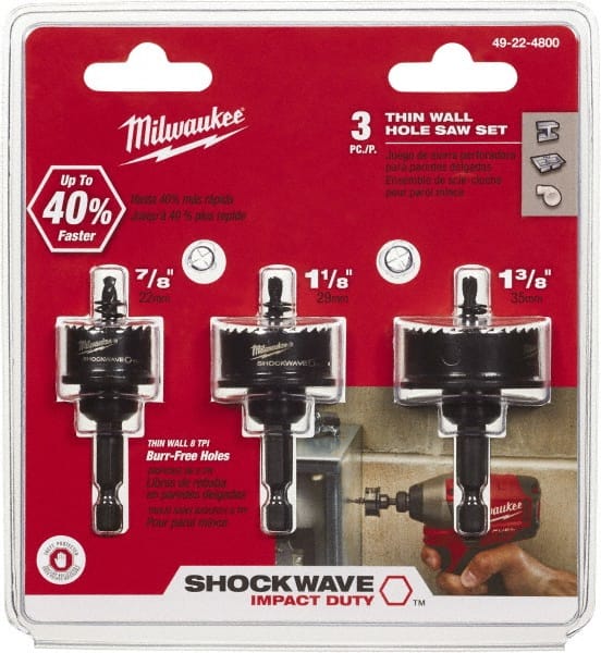 Impact Rated Hole Saw Kit: 3 Pc, 7/8 to 1-3/8