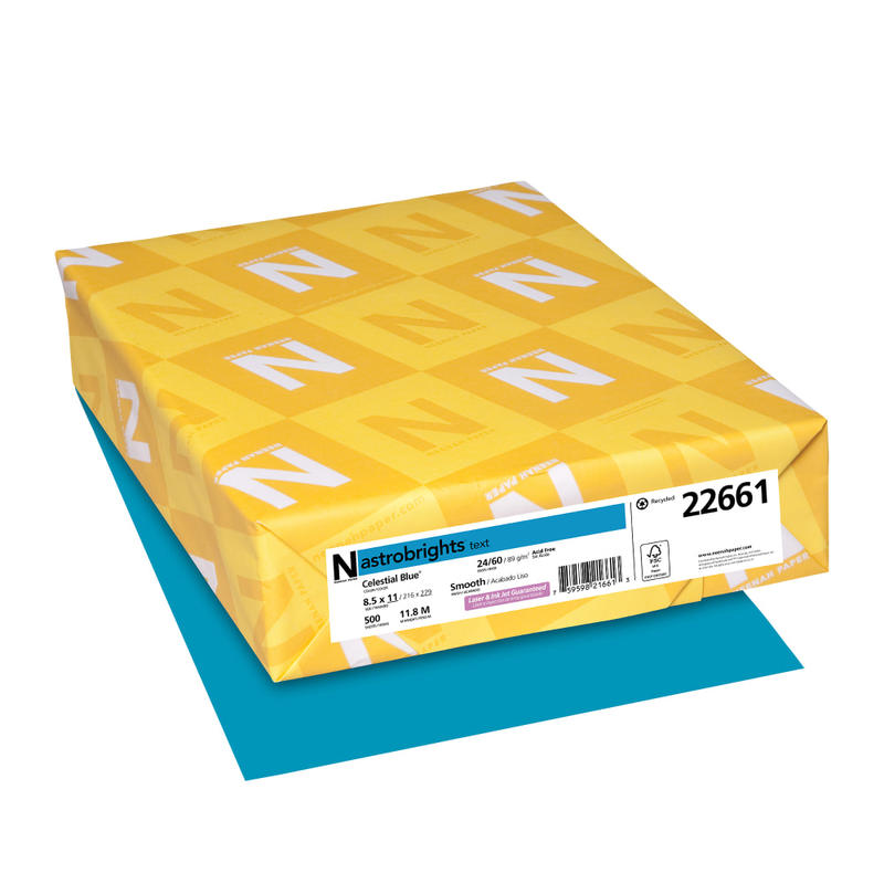 Neenah Astrobrights Bright Color Copy Paper, 1 Ream, Celestial Blue, Letter (8.5in x 11in), 500 Sheets Per Ream, 24 Lb, 94 Brightness, FSC Certified (Min Order Qty 5) MPN:22661