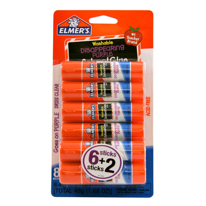 Elmers Washable Disappearing Purple School Glue Sticks, 0.21 Oz., Pack Of 6 + 2 Bonus Sticks (Min Order Qty 12) MPN:E1591