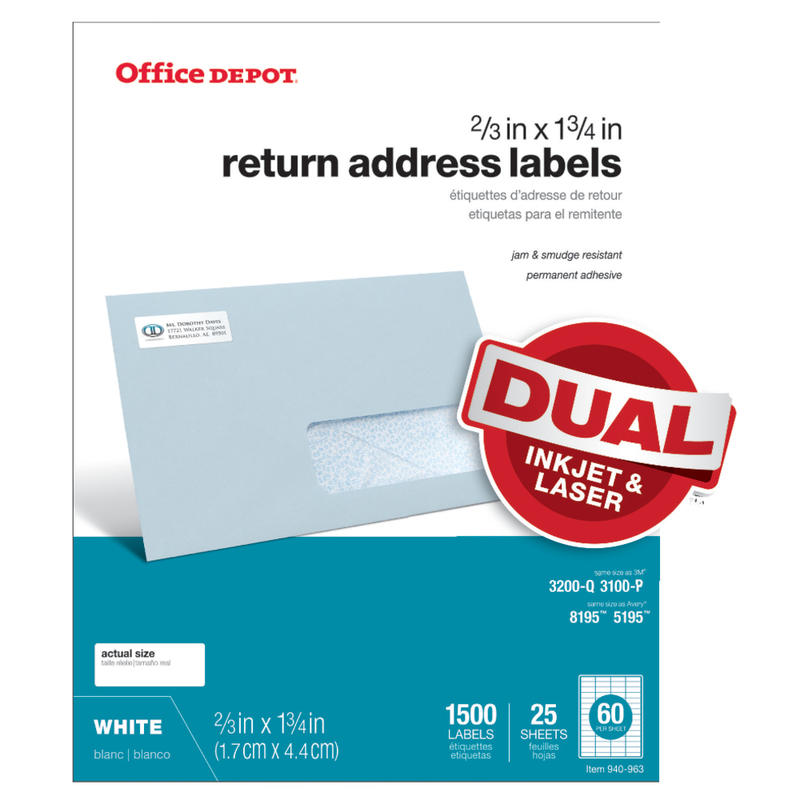 Office Depot Brand Inkjet/Laser Return Address Labels, Rectangle, 2/3in x 1 3/4in, White, Pack Of 1,500 (Min Order Qty 32) MPN:505-O004-0015