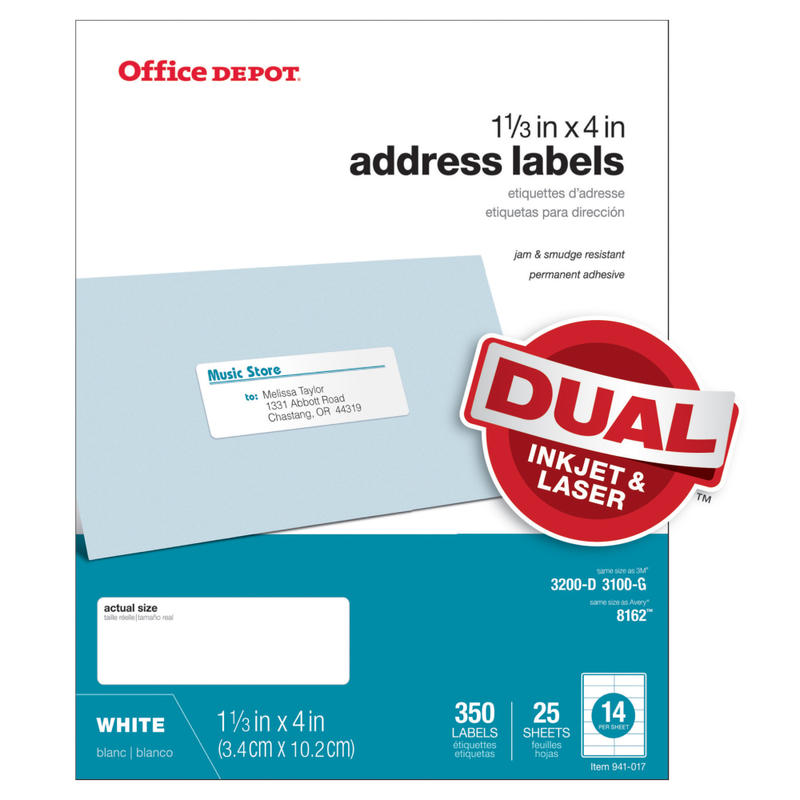 Office Depot Brand Inkjet/Laser Address Labels, Rectangle, 1 1/3in x 4in, White, Pack Of 350 (Min Order Qty 31) MPN:505-O004-0018