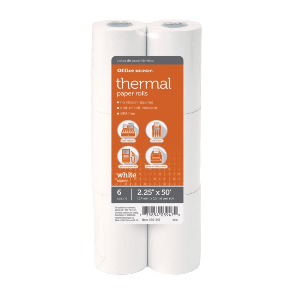 Office Depot Brand Thermal Paper Rolls, 2-1/4in x 50ft, White, Pack Of 6 (Min Order Qty 19) MPN:333806