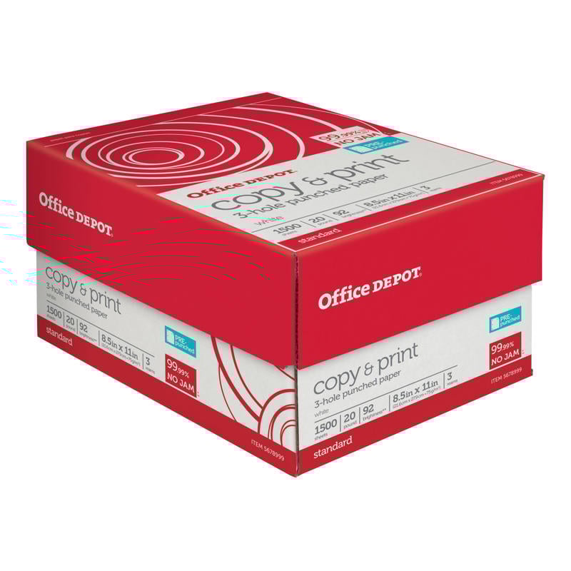 Office Depot 3-Hole Punched Multi-Use Printer & Copy Paper, 3 Reams, White, Letter (8.5in x 11in), 1500 Sheets Per Case, 20 Lb, 92 Brightness (Min Order Qty 4) MPN:3882