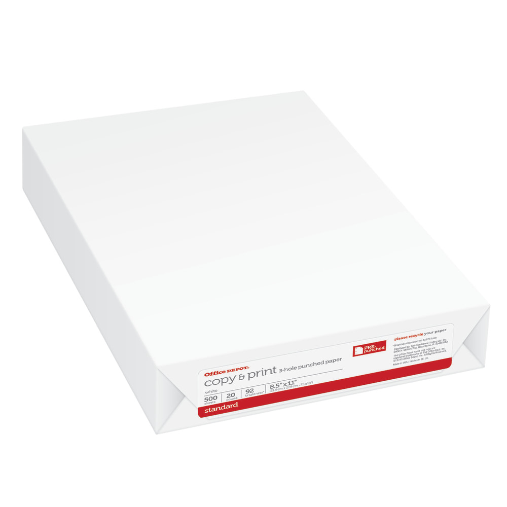 Office Depot 3-Hole Punched Multi-Use Printer & Copy Paper, 1 Ream, White, Letter (8.5in x 11in), 500 Sheets Per Ream, 20 Lb, 92 Brightness (Min Order Qty 9) MPN:851031ODRM