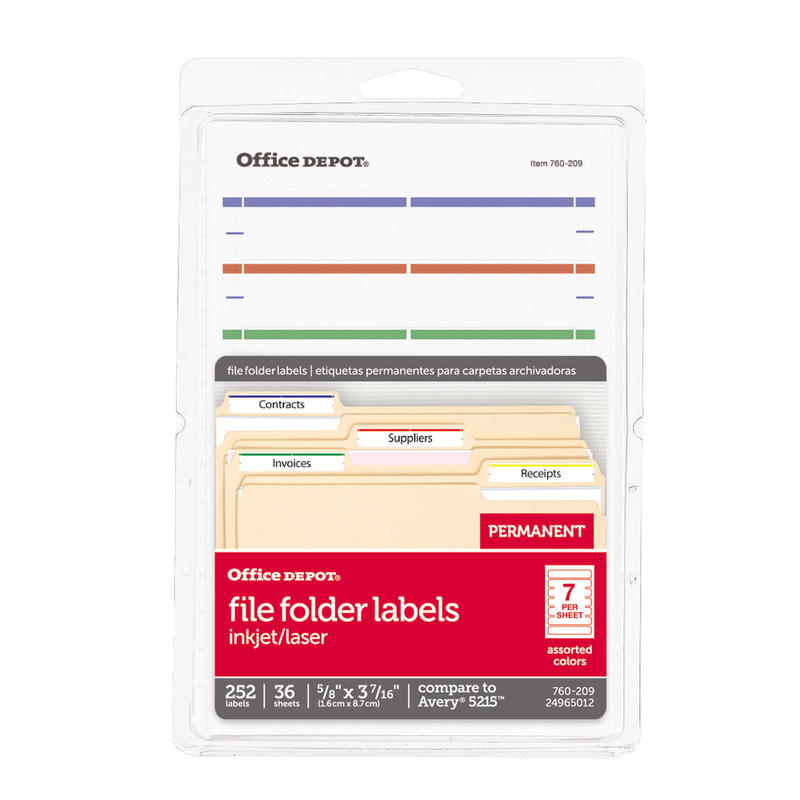 Office Depot Brand Print-Or-Write Color Permanent File Folder Labels, OD98815, Rectangle, 5/8in x 3 1/2in, Assorted Colors, Pack Of 252 (Min Order Qty 14) MPN:OD98815