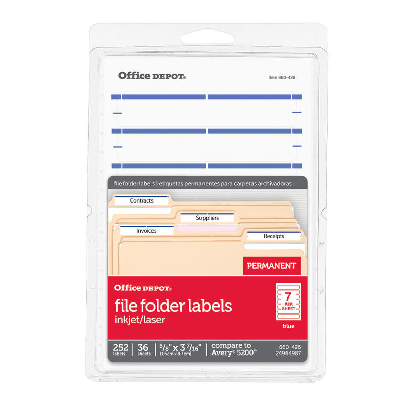 Office Depot Brand Print-Or-Write Color Permanent File Folder Labels, OD98817, Rectangle, 5/8in x 3 1/2in, Dark Blue, Pack Of 252 (Min Order Qty 14) MPN:OD98817