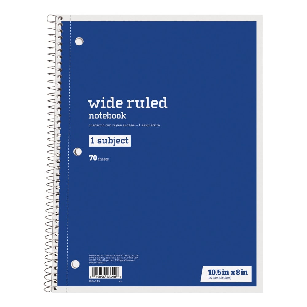 Just Basics Spiral Notebook, 8in x 10-1/2in, Wide Ruled, 70 Sheets, Blue (Min Order Qty 65) MPN:43172-12
