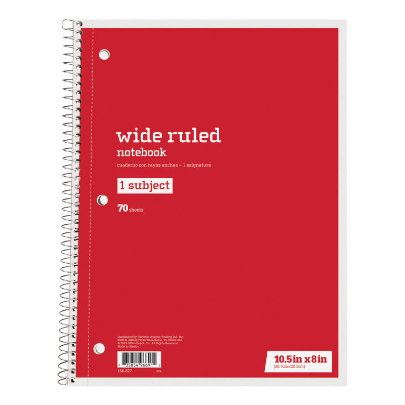 Just Basics Spiral Notebook, 8in x 10-1/2in, Wide Ruled, 70 Sheets, Red (Min Order Qty 65) MPN:43174-12