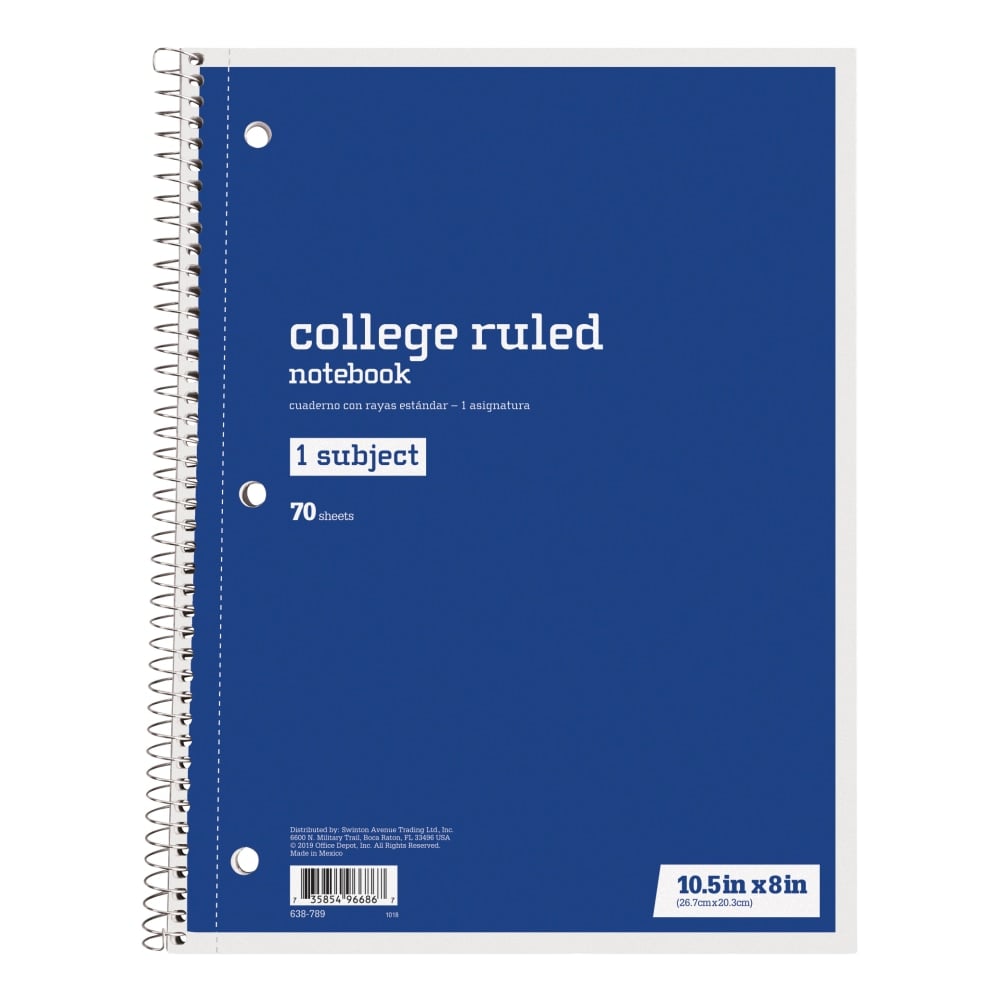 Just Basics Wirebound Notebook, 8in x 10-1/2in, College Ruled, 70 Sheets, Blue (Min Order Qty 65) MPN:43272-12