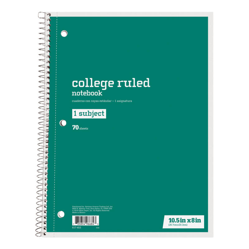Just Basics Spiral Notebook, 8in x 10-1/2in, College Ruled, 70 Sheets, Green (Min Order Qty 65) MPN:43273-12